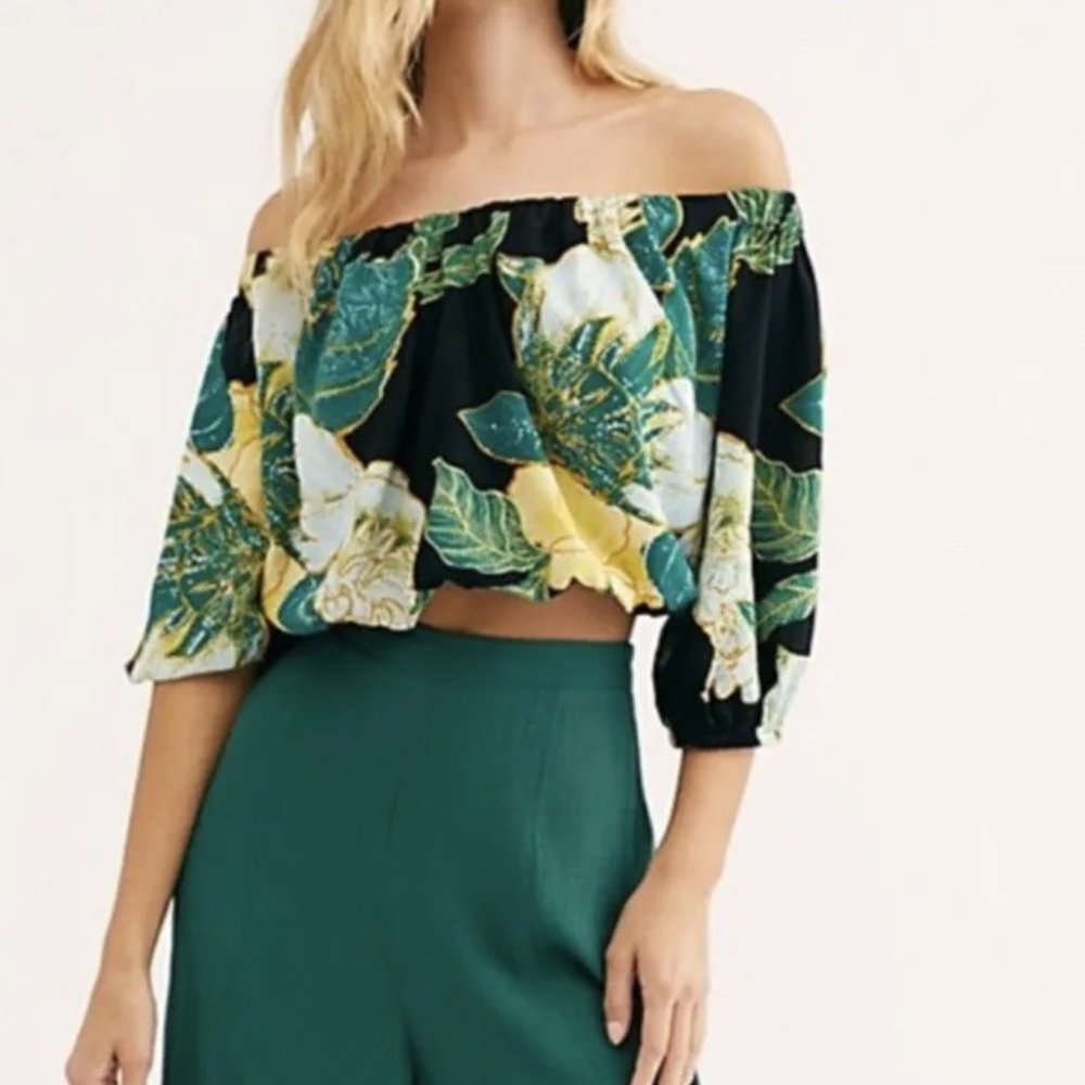 Electric Day Tropical Leaf Off Shoulder Crop Top